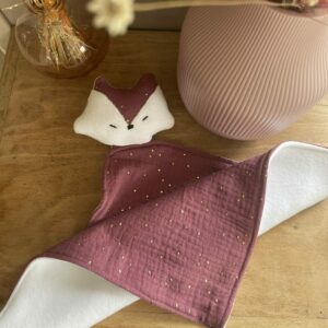 Doudou renard en double gaze violet