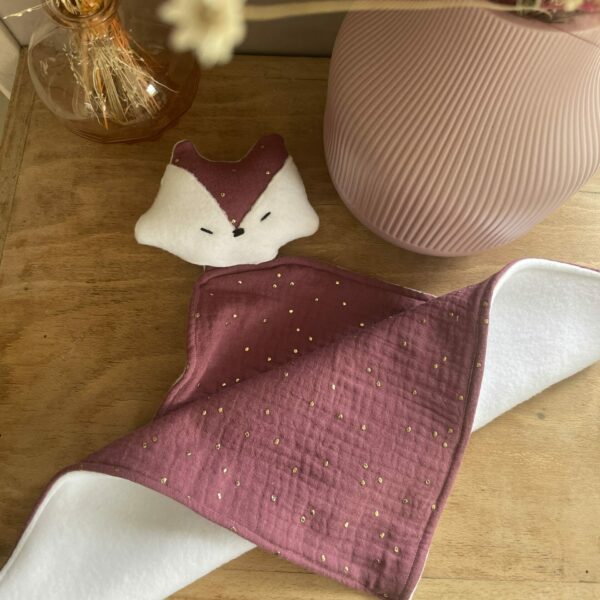 Doudou renard en double gaze violet
